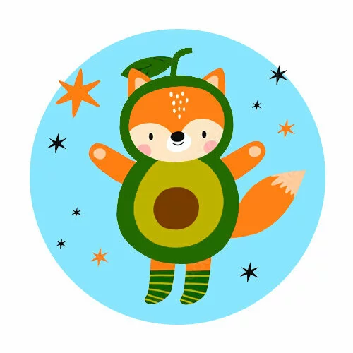 Цветной вариант раскраски лиса-авокадо