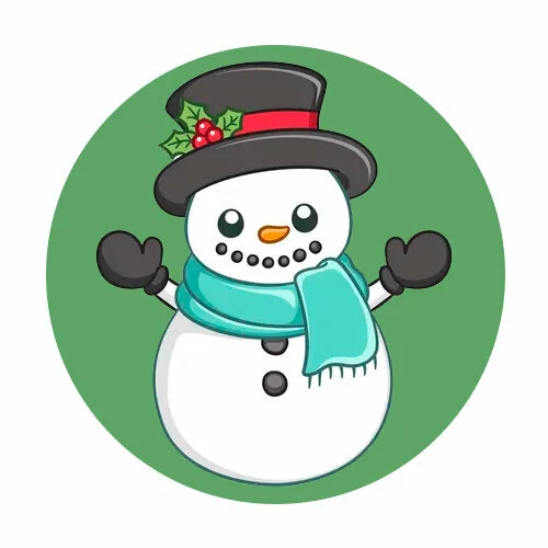 Цветной вариант раскраски снеговик в варежках и шляпе