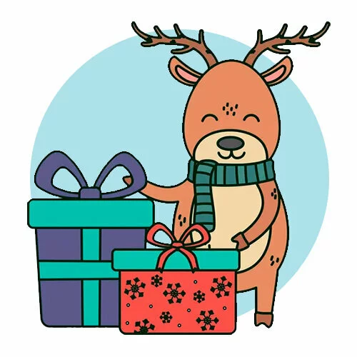 Цветной пример раскраски олень и два подарка