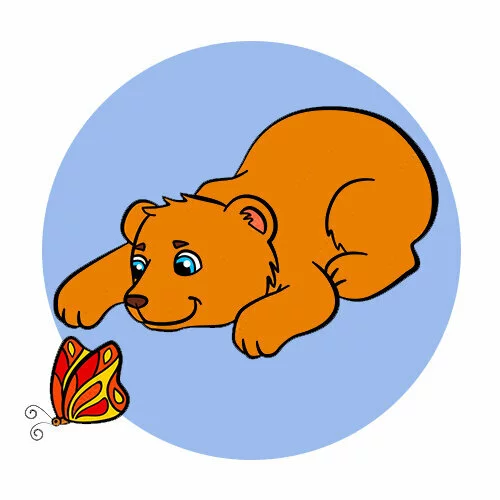 Цветной вариант раскраски милый медведь играет с бабочкой