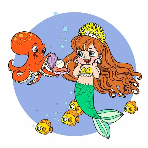 Цветной вариант раскраски осьминог и русалка