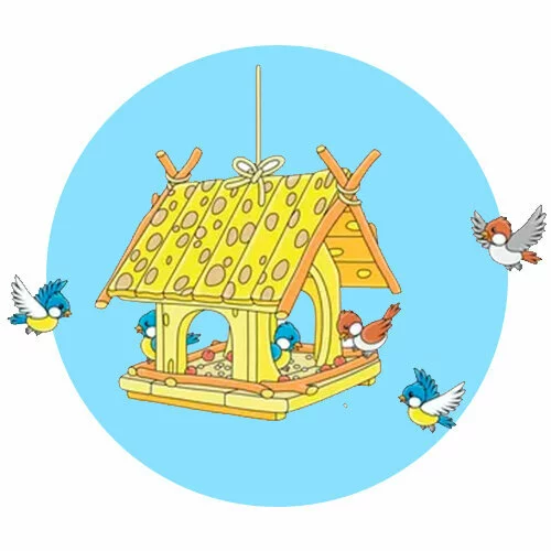Цветной вариант раскраски кормушка с синичками