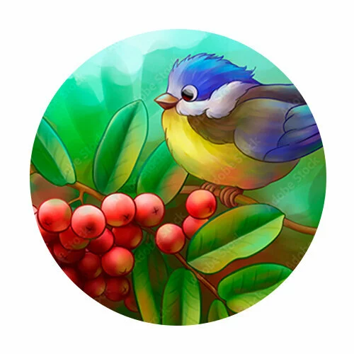 Цветной вариант раскраски синичка сидит на рябине