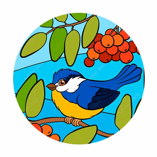 Цветной пример раскраски птичка на рябине