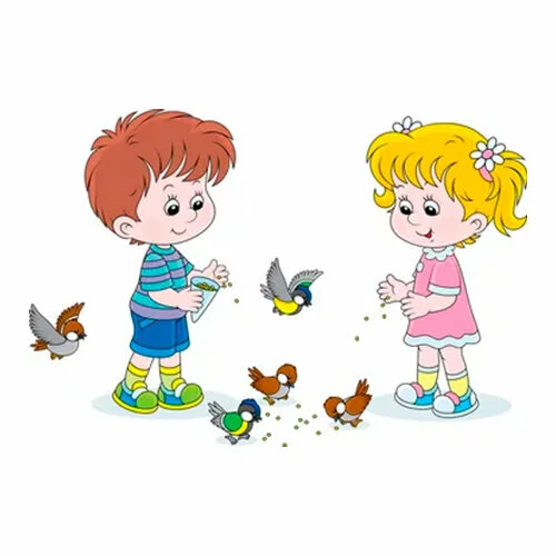 Цветной вариант раскраски мальчик и девочка ест синичка