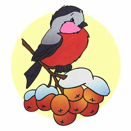 Цветной вариант раскраски снегирь на заснеженной ветке