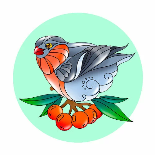 Цветной вариант раскраски арт снегирь