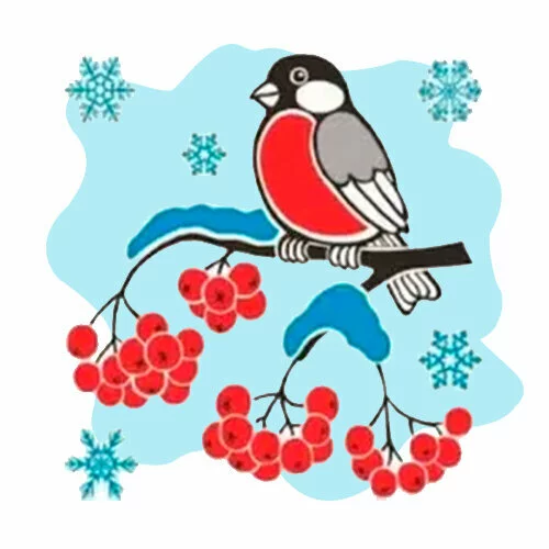 Цветной вариант раскраски синичка (снегирь) и рябина