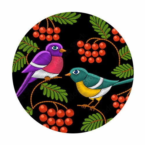 Цветной вариант раскраски рябина веточки и птички