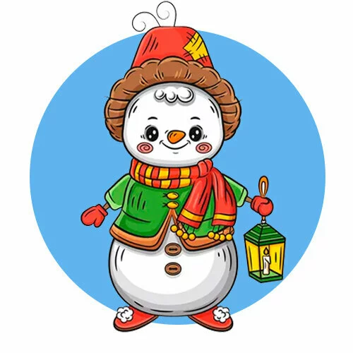 Цветной вариант раскраски снеговичок и снежинки