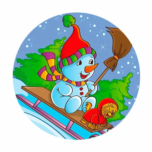 Цветной вариант раскраски снеговик и санки со снегом
