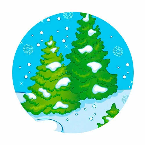 Цветной вариант раскраски снег в хвойном лесу