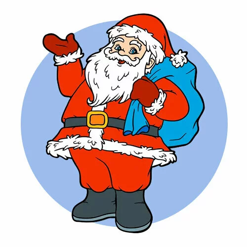 Цветной вариант раскраски санта с мешком подарков