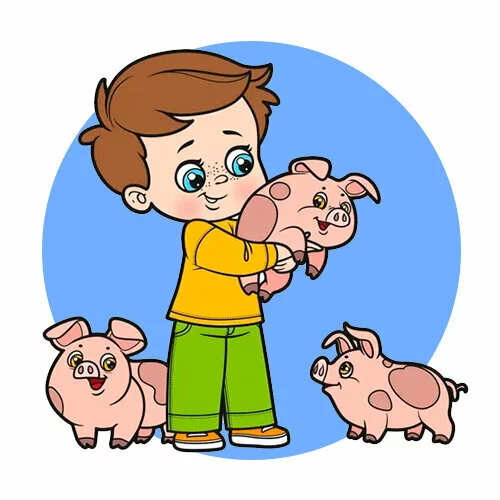 Цветной пример раскраски мальчик и поросята
