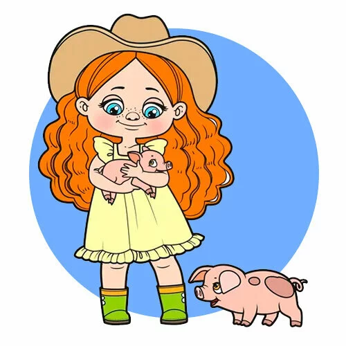 Цветной пример раскраски девочка и поросята