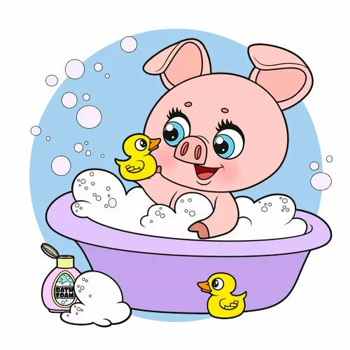 Цветной пример раскраски поросенок в ванне