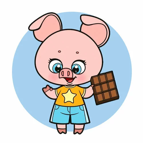 Цветной вариант раскраски поросенок и шоколадка