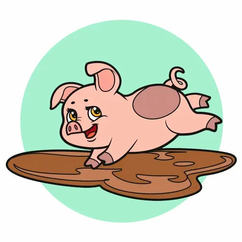 Цветной пример раскраски лужа и поросенок