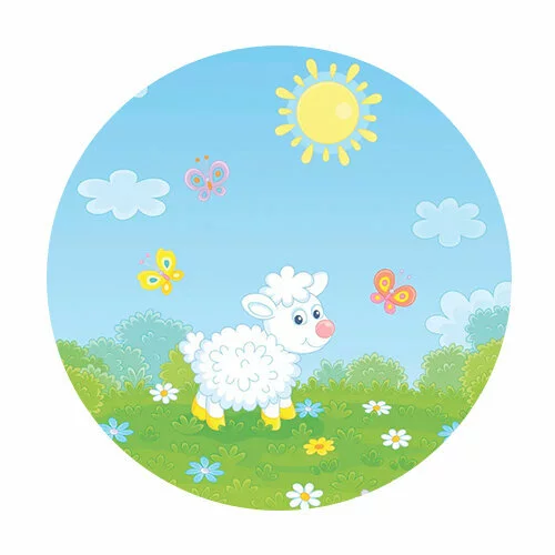 Цветной пример раскраски барашек на лугу