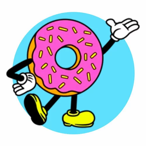 Цветной вариант раскраски пончик с ногами