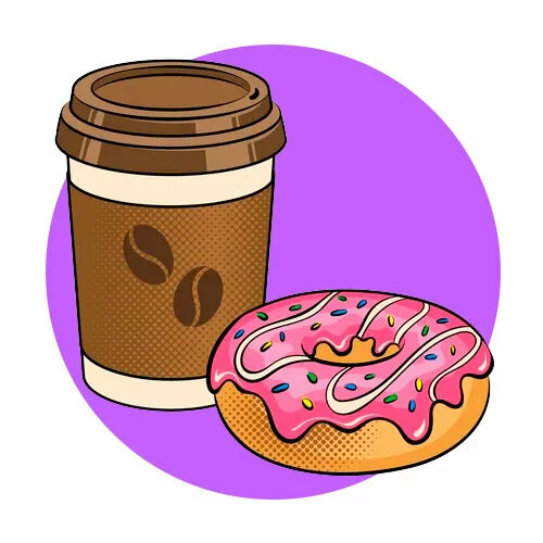 Цветной вариант раскраски пончик и капучино