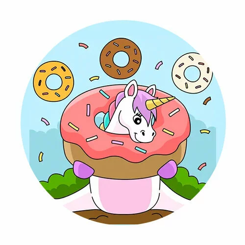 Цветной вариант раскраски единорог в пончике