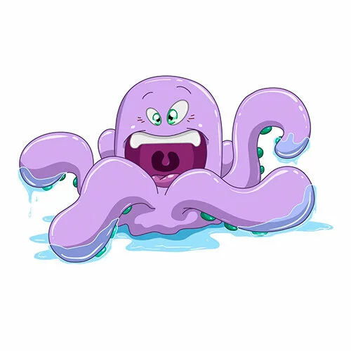 Цветной вариант раскраски осьминог испуганный