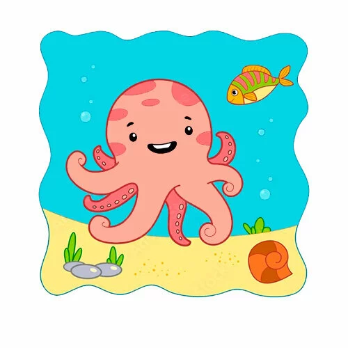 Цветной вариант раскраски осьминог и рыбка