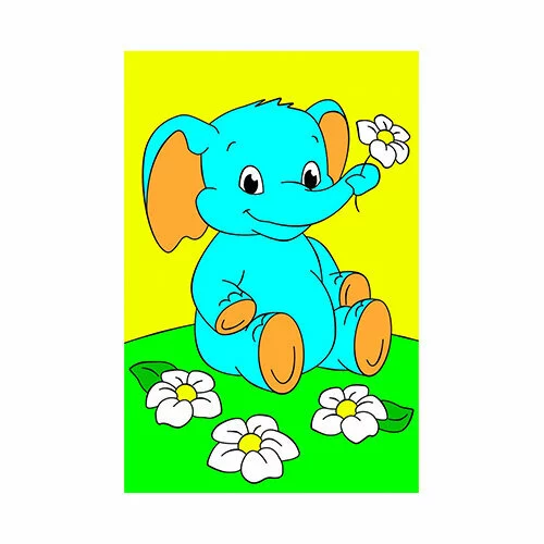 Цветной пример раскраски по номерам: слоник и цветок