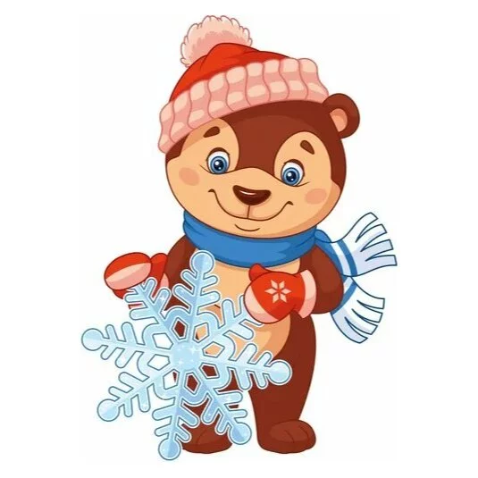 Цветной вариант раскраски мишка с большой снежинкой