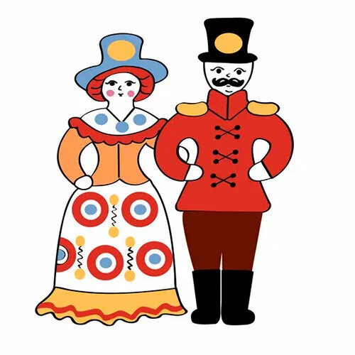 Цветной вариант раскраски дымковская игрушка семейная пара