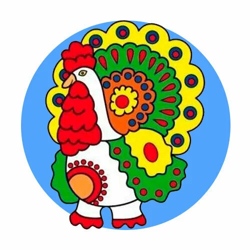 Цветной пример раскраски петух дымковская игрушка
