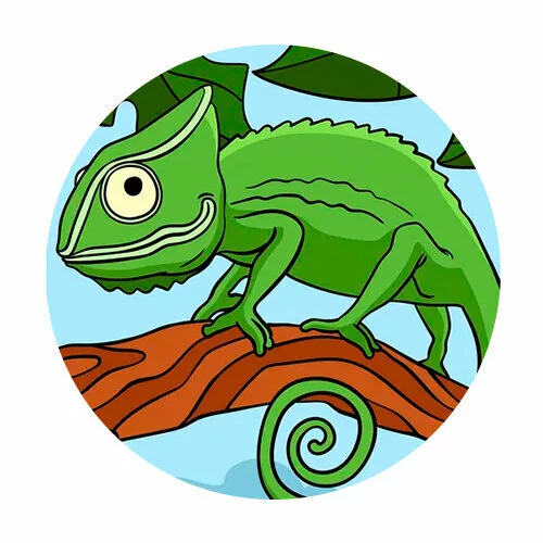 Цветной вариант раскраски хамелеон ящерица на ветке