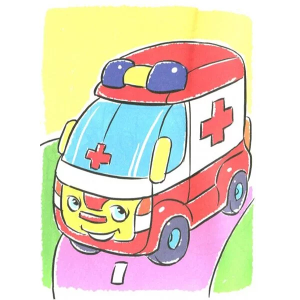 Цветной пример раскраски скорая помощь с глазками на дороге