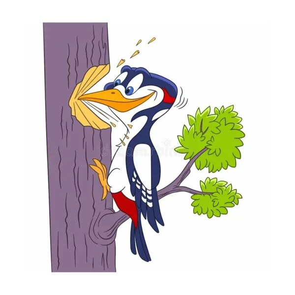Цветной пример раскраски дятел долбит дерево