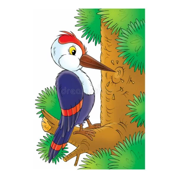 Цветной вариант раскраски дятел на елке