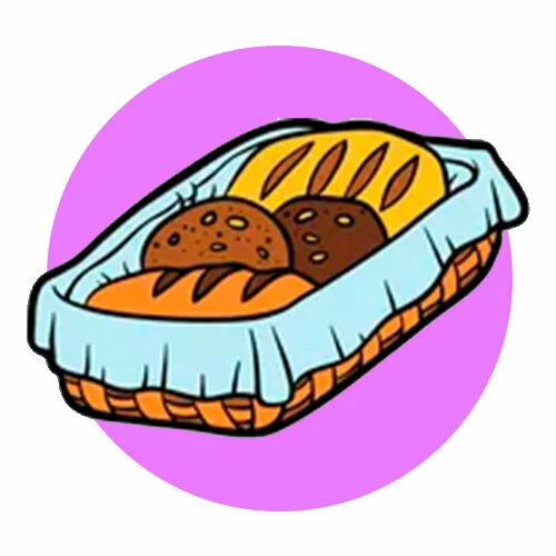 Цветной вариант раскраски хлеб в корзинке