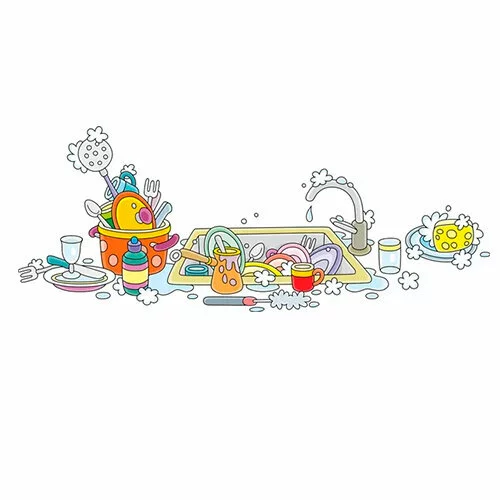 Цветной вариант раскраски грязная посуда в мойке