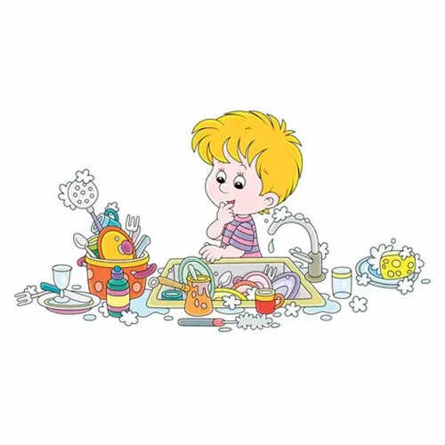 Цветной вариант раскраски мальчик моет посуду