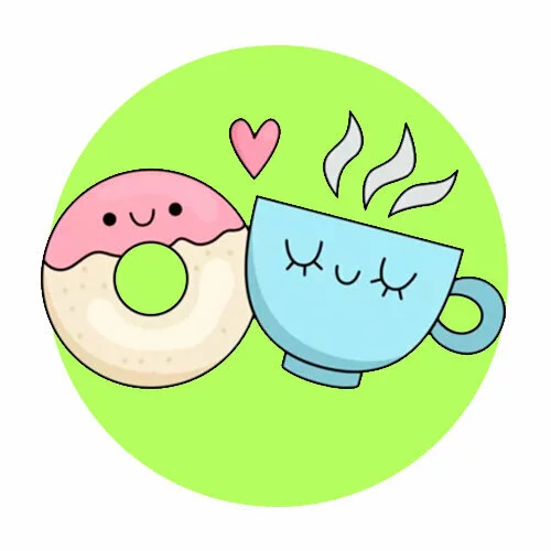 Цветной вариант раскраски пончик и чашка