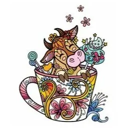 Цветной вариант раскраски коровка в чашке антистресс