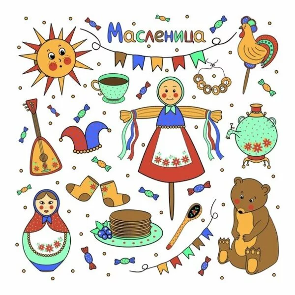 Цветной вариант раскраски коллаж масленица