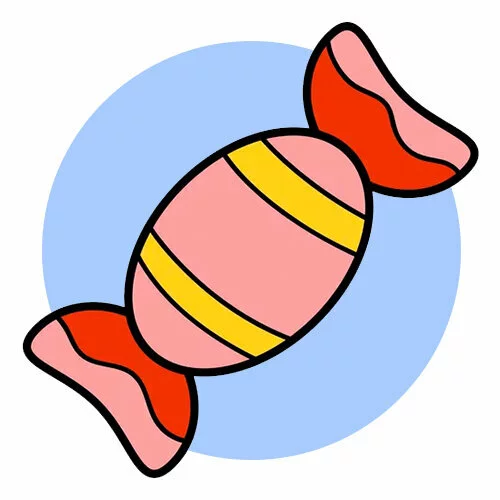 Цветной вариант раскраски конфета в фантике