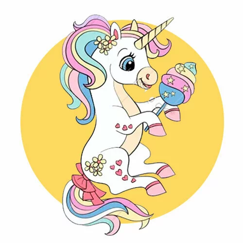 Цветной вариант раскраски единорожка и сладости