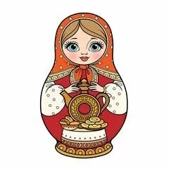Цветной вариант раскраски матрешка русская с чайником
