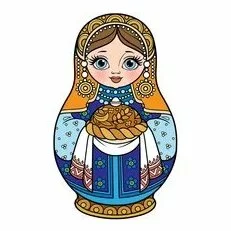 Цветной вариант раскраски матрешка и хлеб