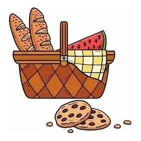 Цветной вариант раскраски корзинка для пикника с батоном