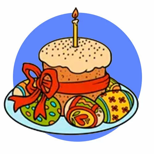 Цветной пример раскраски пасхальный кулич и яички на тарелке