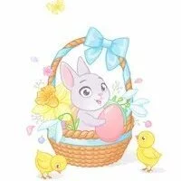 Цветной вариант раскраски зайчик пасхальный и подснежники