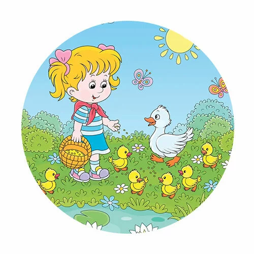 Цветной вариант раскраски девочка кормит зерном уток